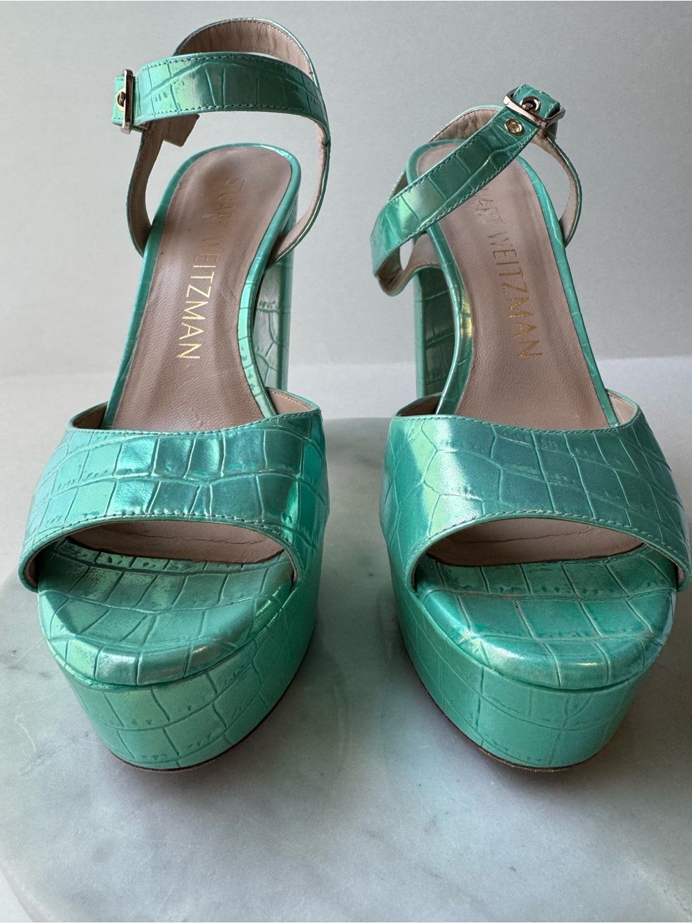 Stuart Weitzman Aqua Croc-Embossed Platform Sandals - Picture 4 of 16